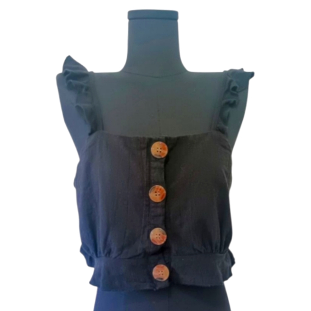 5/$25 TOXiK3 Black Ruffle Crop Top with Large Brown Button Embellishments